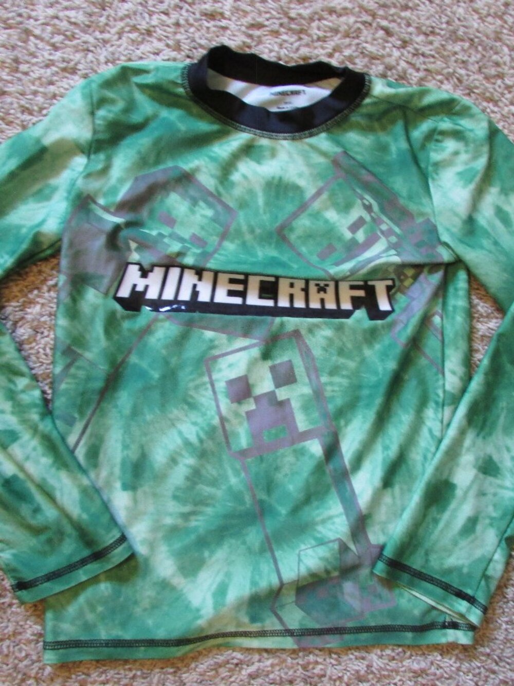 NWOT Minecraft 10/12 Large Creeper Green Tie-Dye Long Sleeve Shirt Poly